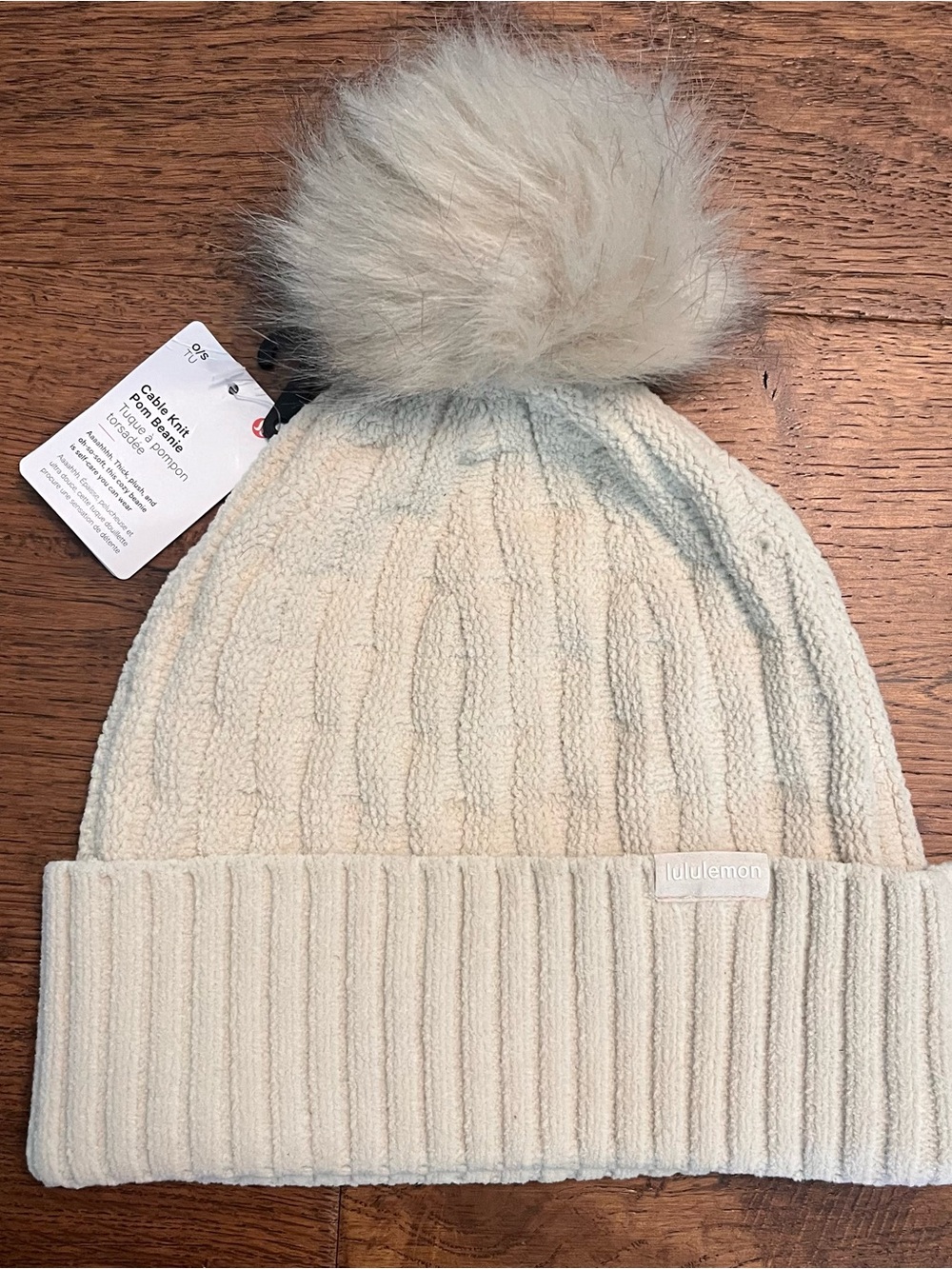 Logo Lululemon Cable Knit Pom Beanie Plush One Size Natural Ivory NATI 50187